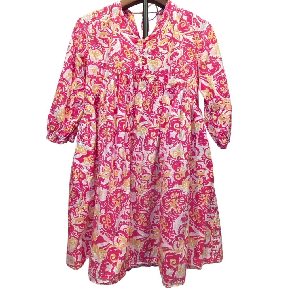 Stylum Womens XL Pink Orange Cotton Paisley‎ Floral Babydoll Mini Dress Tassels